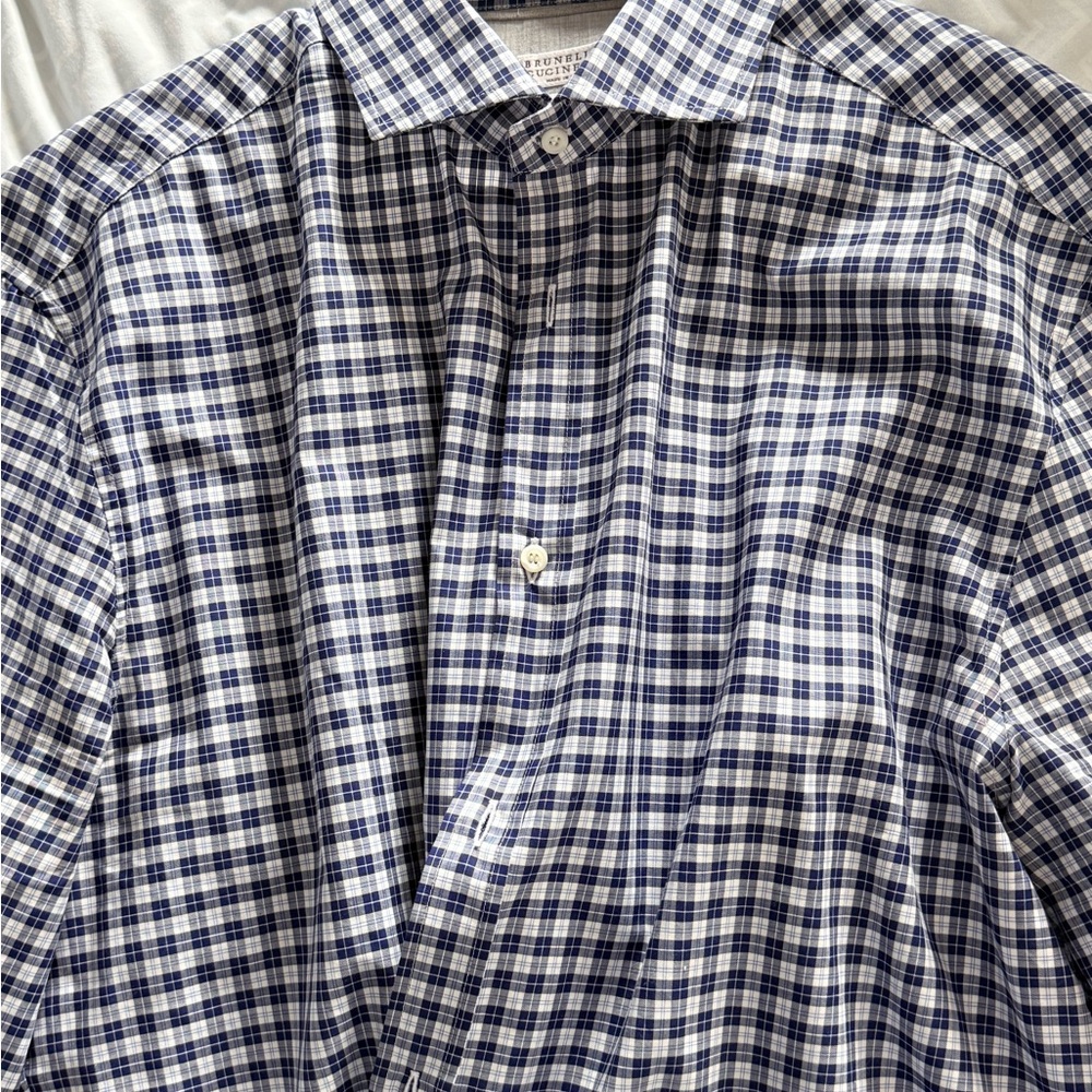 Brunello Cucinelli Blue and White Checked Casual Button-Down Shirt